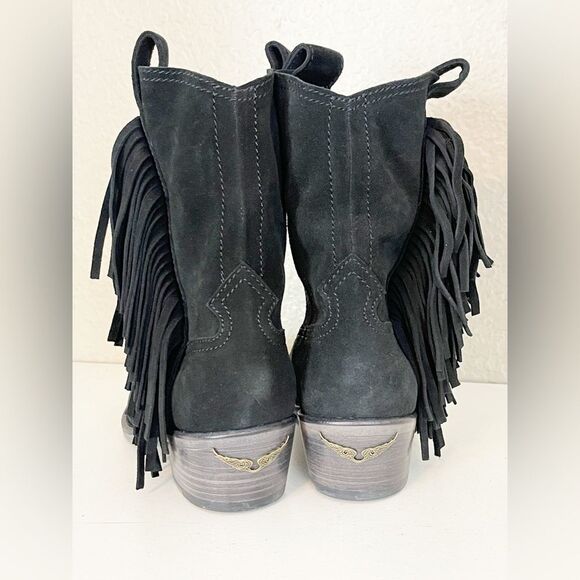 Zadig & Voltaire Pilar Western Fringe black Suede Ankle Boots French 37/US 6 - Picture 8 of 14